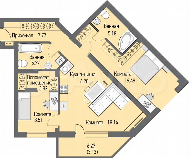 3-к. квартира, 76,8 м², 5/16 эт.