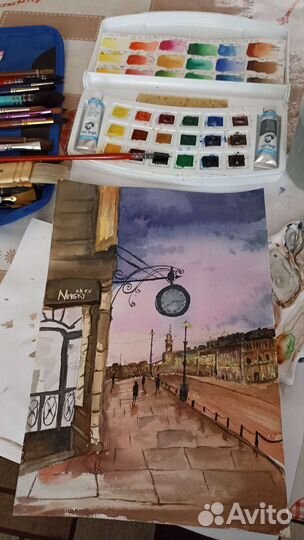 Картина акварелью. Утренний Санкт-Петербург