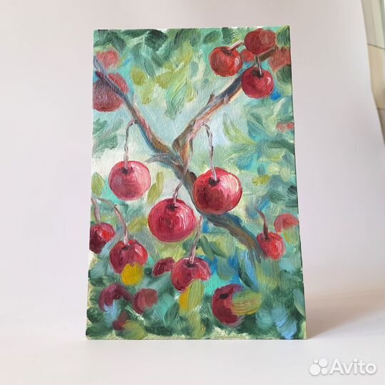 Вишня на ветке в листве. Лето Картина маслом 15\23