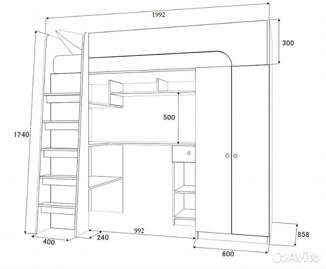 Кровать чердак со столом и шкафом Сонома/Дуб Молоч