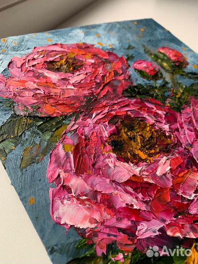 Картина маслом букет пионов розовые цветы