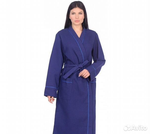 Халат вафельный Home One с кантом синий 48