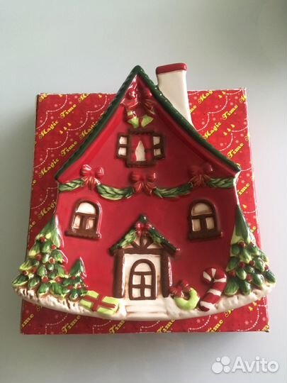Тарелка новогодняя декоративная. Тарелка домик. Ро