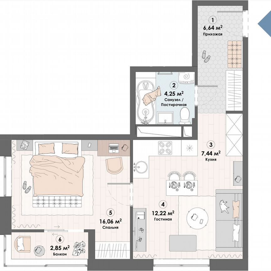 1-к. квартира, 49,5 м², 2/23 эт.