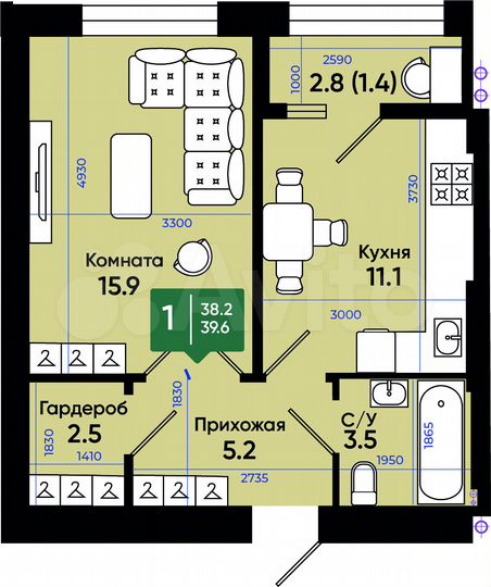 1-к. квартира, 39,5 м², 2/3 эт.