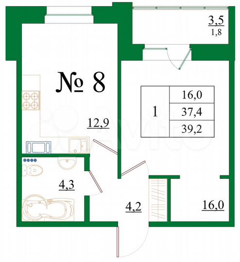1-к. квартира, 39,2 м², 1/8 эт.