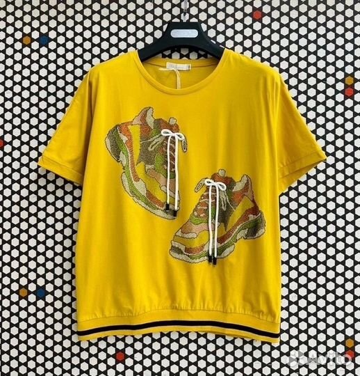 Футболка, стразы+шнурки, 6 цветов, 54 до 60 р-ры