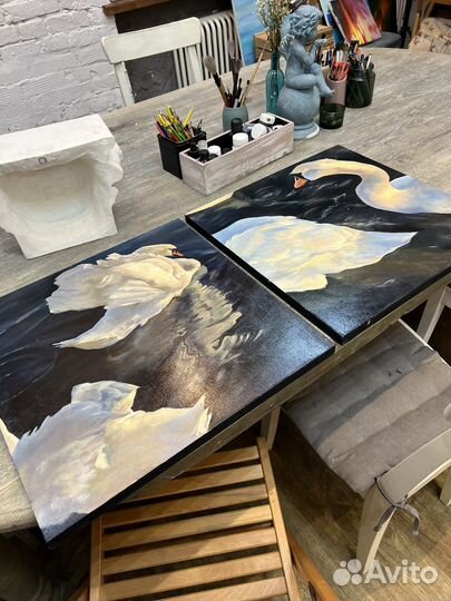 Картина, лебеди. Холст, масло 50х50