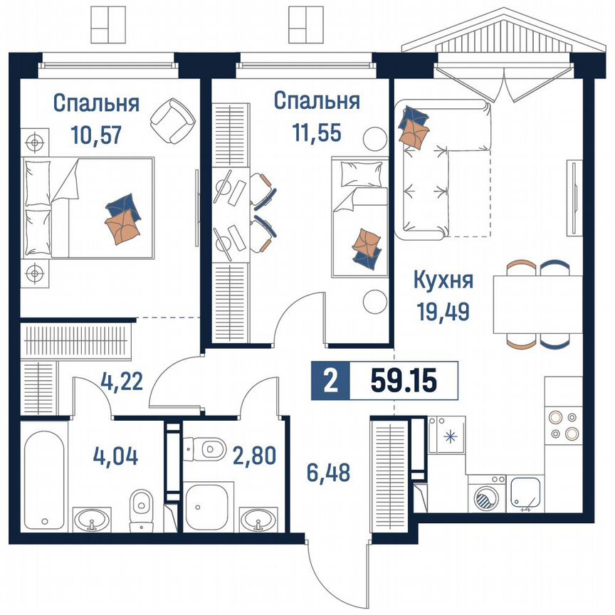 2-к. квартира, 59,2 м², 17/18 эт.