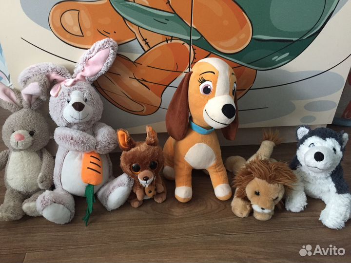 Мягкие игрушки, зайчик,Собака,лев кенгуру