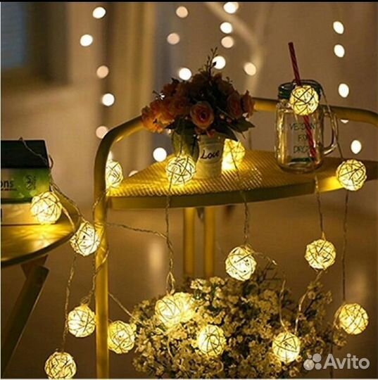 Гирлянда из натурального ротанга 20 LED USB, на ба
