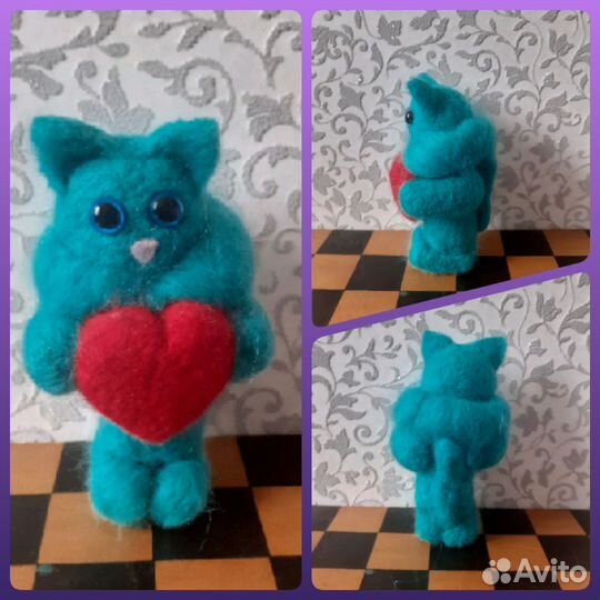 Валяный из шерсти кот Мягкая игрушка мятный котик