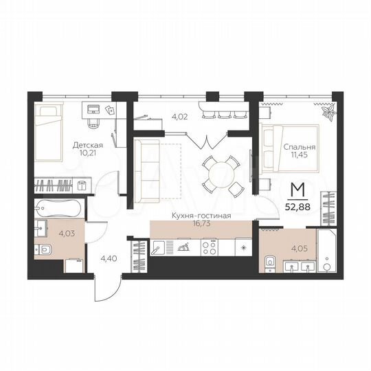 2-к. квартира, 52,9 м², 2/5 эт.