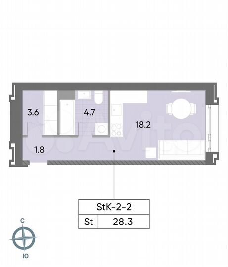 Квартира-студия, 28,3 м², 2/52 эт.