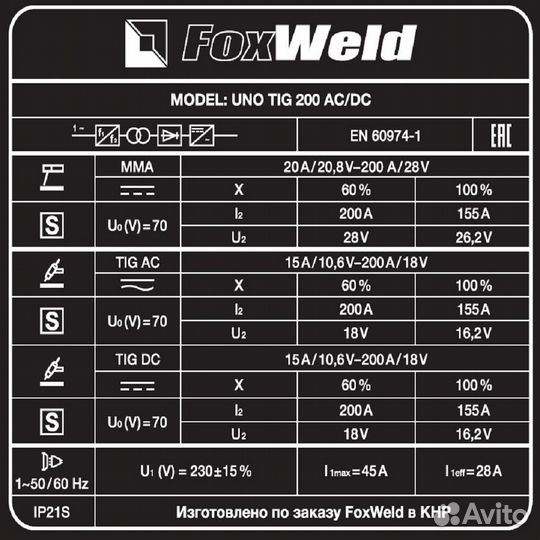 Аппарат аргонодуговой сварки FoxWeld UNO TIG 200 A