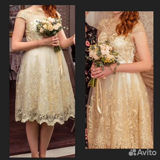 Платье золотистое с вышивкой на свадьбу или выпуск