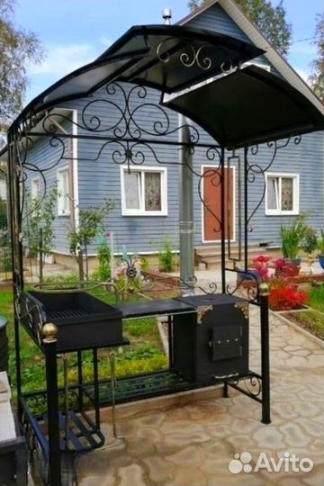 Мангал кованый с крышей и печкой