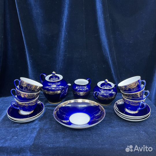 Фарфоровый чайный сервиз Кобальт Золотой фриз Лфз