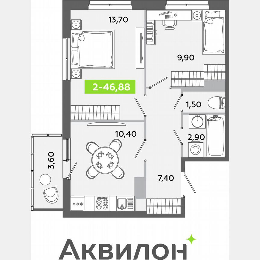2-к. квартира, 46,9 м², 5/12 эт.