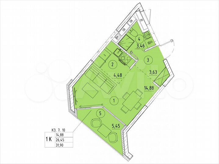 1-к. квартира, 31,9 м², 7/20 эт.
