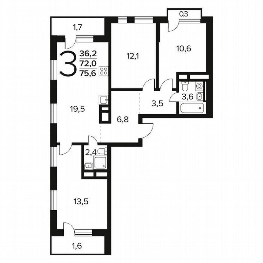3-к. квартира, 75,6 м², 7/14 эт.