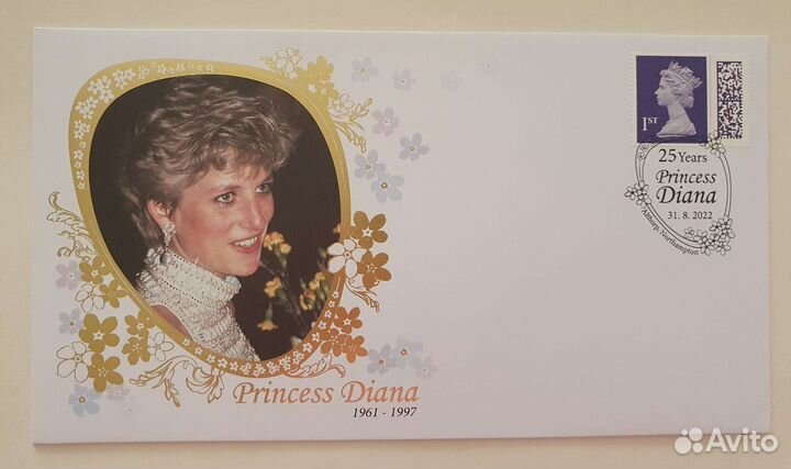 Принцесса Диана: почтовый конверт, марки, штемпель