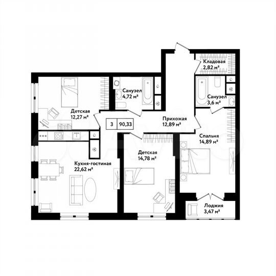 3-к. квартира, 90,3 м², 3/25 эт.