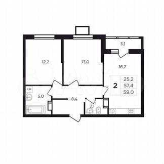 2-к. квартира, 60,6 м², 4/9 эт.