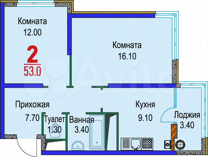 2-к. квартира, 53 м², 10/22 эт.