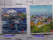 Картины пейзажи город море крыши лодки Акварель