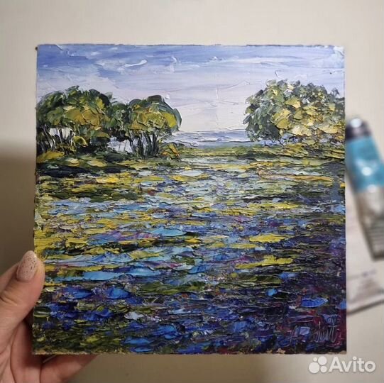 Картина маслом пейзаж цветы 19,5*19,5 см