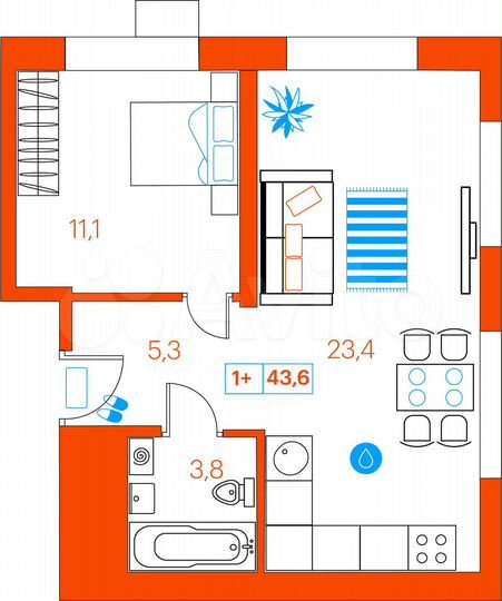1-к. квартира, 43,6 м², 10/21 эт.