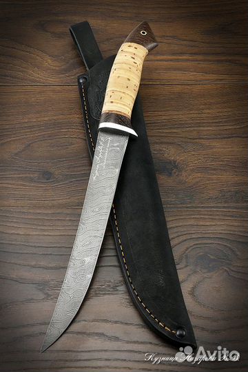 Нож филейный Касатка большая дамаск береста