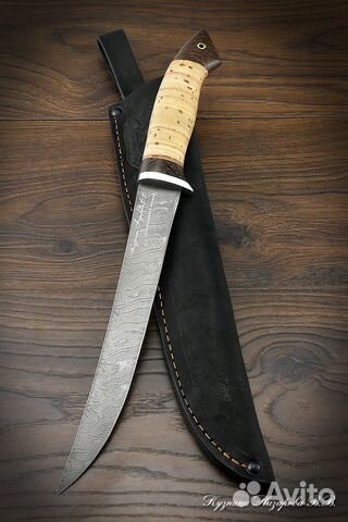 Нож филейный Касатка большая дамаск береста