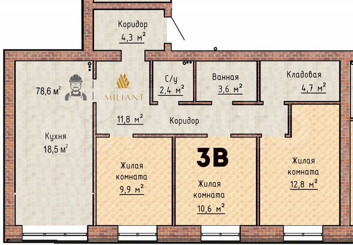 3-к. квартира, 78,6 м², 2/6 эт.