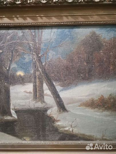Старинная картина. Зимний пейзаж. Холст. Масло