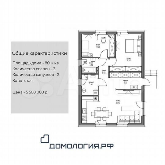 Дом 80 м² на участке 6 сот.