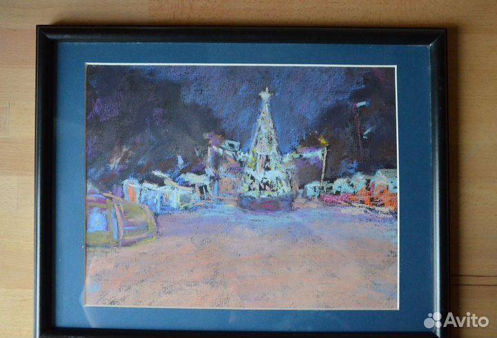 Пейзаж Новый Год с елкой и снегом зимний пастель в