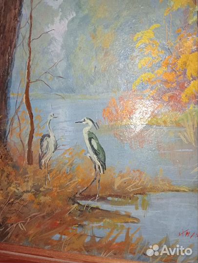 Цапли осенью.Картина маслом на двп