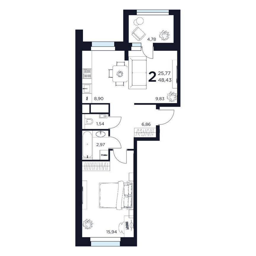 2-к. квартира, 48,4 м², 7/8 эт.