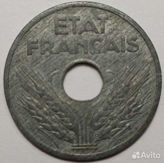 Монеты Франция 20 сантим 1941, Иран 100динаров лев