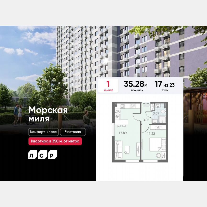 1-к. квартира, 35,3 м², 17/23 эт.