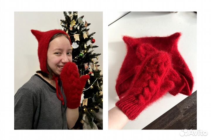 Комплект шапочка с ушками+варежки косы