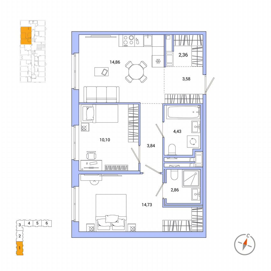 2-к. квартира, 56,8 м², 1/7 эт.