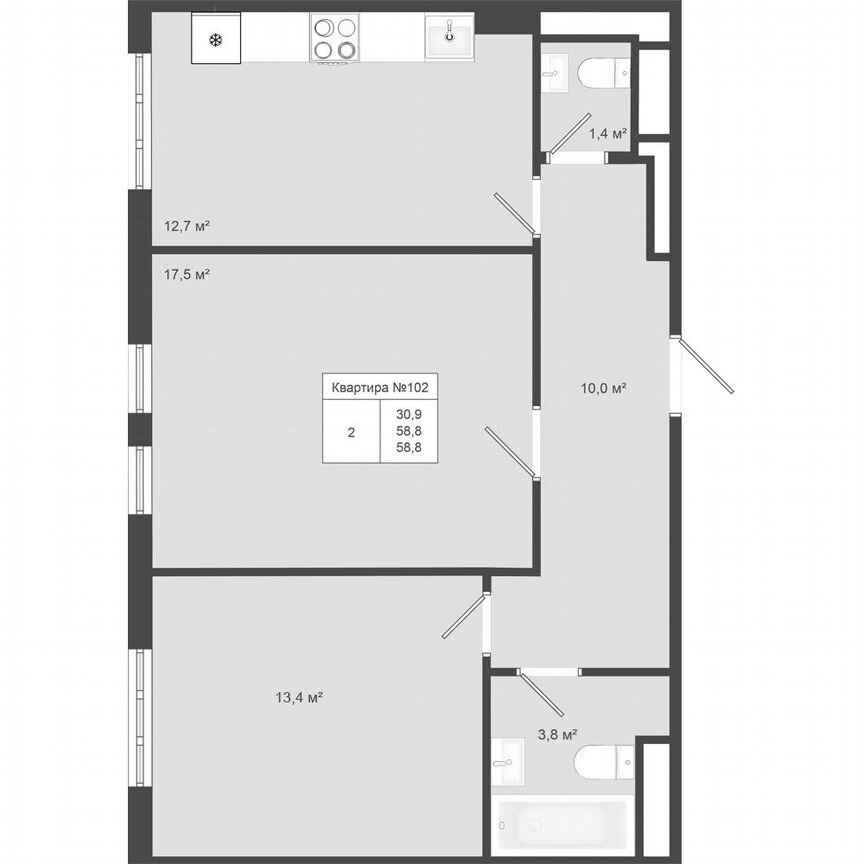 2-к. квартира, 58,8 м², 3/4 эт.