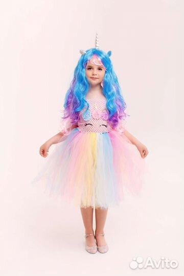 Парик единорога разноцветный с рогом и ушками