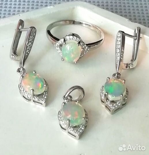 Серьги, кольцо 18,0, кулон опал серебро С143