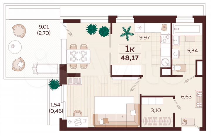 1-к. квартира, 48,2 м², 2/9 эт.