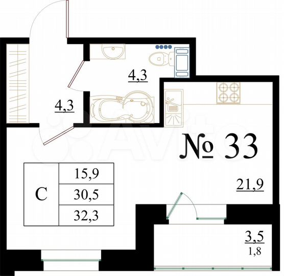 Квартира-студия, 32,3 м², 4/8 эт.