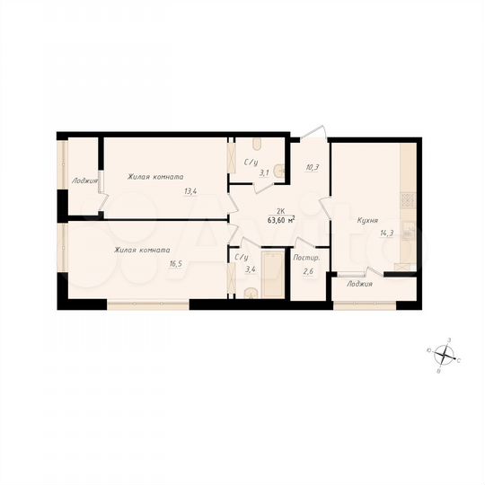 2-к. квартира, 63,6 м², 8/8 эт.